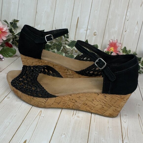 TOMS Black Woven Cork Wedge Sandals Size: 9W - Picture 1 of 11